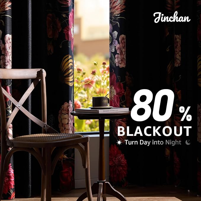 jinchan Black Floral Blackout Curtains 84 Inch Vintage Grommet 2 Panels | Room darkening, privacy, vibrant flower print, retro boho bohemian drapes, bedroom, living room, fall decor, window treatment
