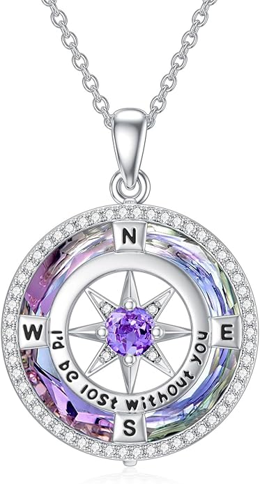 TOUPOP Necklace Gifts for Wife Compass Jewelry Women Anniversary Girlfriend Birthday Gift for Her Valentines I'd be Lost without You Sterling Silver Birthstone Necklaces