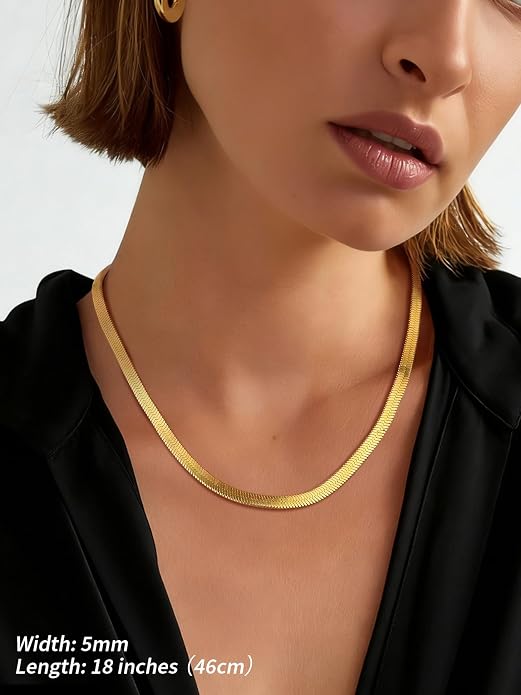 FindChic Black/14K Gold Plated Herringbone Choker Chain Necklace for Women | Waterproof Stainless Steel, Dainty Layering, Flat Snake Chain, Non-Tarnish, Hypoallergenic, Adjustable Extender, Gift Box
