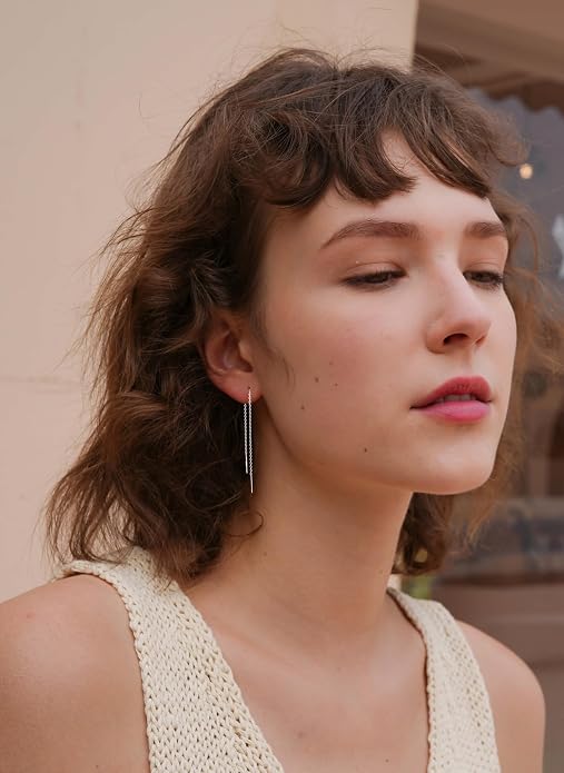 S.Leaf S925 Sterling Silver Threader Chain Earrings 18K Gold Plated Cubic Zirconia Dainty Dangle Double Piercing Long Drop Dangly Pull Through Tassel Chain Earrings Gifts for Women