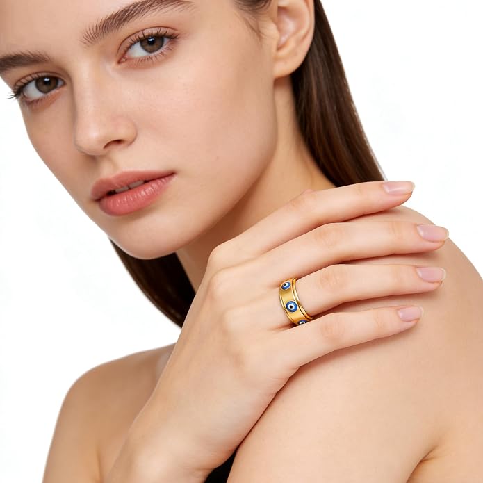 Evil Eye Fidget Ring for Women - 18K Gold Plated Stainless Steel Spinner Rings for Anxiety Relief, Ojo Turco Ring Luck Amulet, Turkish Faith Protection Stackable Jewelry Gift for Women Men (Gold, 6) (L, 5) (7)
