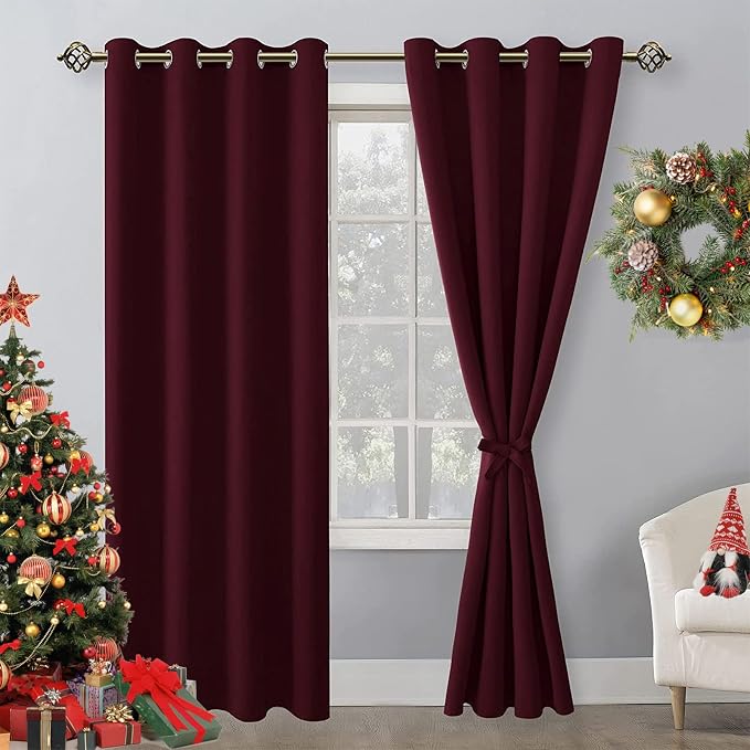 Hiasan Blackout Curtains for Bedroom, 52 x 84 Inches Long - Thermal Insulated & Light Blocking Window Curtains for Living Room Christmas Decor, 2 Drape Panels Sewn with Tiebacks, Burgundy