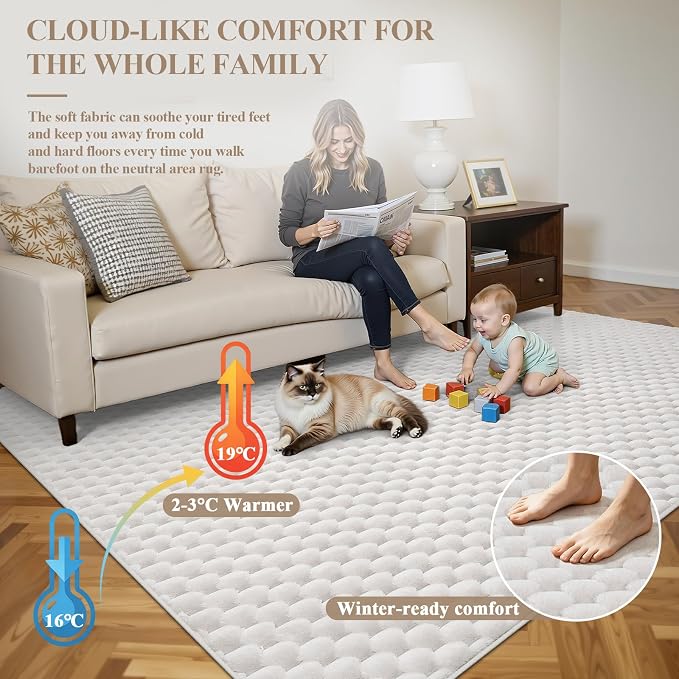 Vaukki 6x9 Area Rug for Living Room, Non Slip Washable 3D Bubble Living Room Rug, High Low Pile Hexagon Floor Mat for Bedroom, Modern Soft Fluffy Carpet for Dining Room, Office and Nursery, White