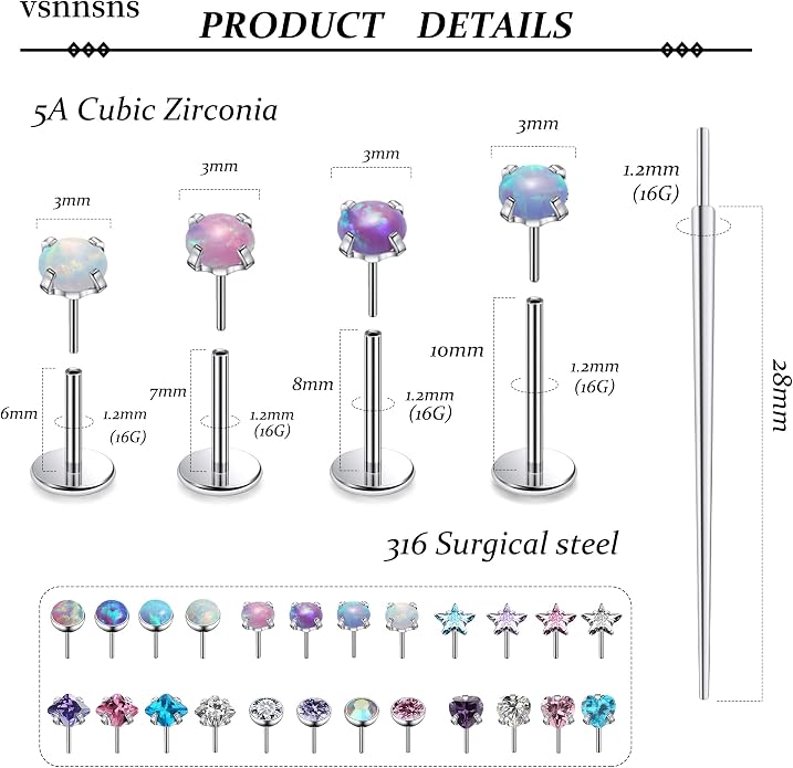 Vsnnsns 14K Gold Plated 16G 18G 20G Threadless Nose Rings Studs Flat Back Earrings Stainless Steel Tragus Helix Conch Earrings Stud Snake Bite Lip Rings Labret Medusa Piercing Jewelry for Women Men
