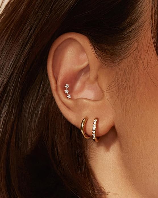 COCHARM 925 Sterling Silver Flat Cartilage Earrings Stud 16g 6mm 8mm 10mm Flat Back Helix Piercing Jewelry Star Tragus Earring Silver Climb Conch Jewelry Hypoallergenic Conch Earrings for Women Man