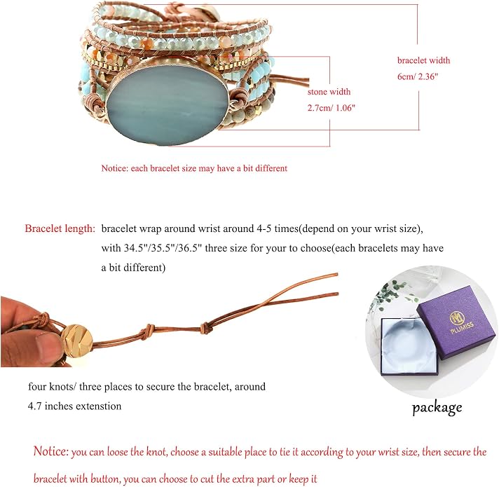 Plumiss Women Boho Handmade Natural Stone Crystal Leather Bead Wrap Bracelets Collection