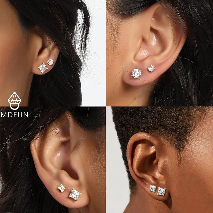 MDFUN 6 Pairs Stud Earrings Set 3mm/5mm/7mm Princess & Round Cubic Zirconia Earrings Hypoallergenic 316L Surgical Stainless Steel CZ Earrings for Women Men
