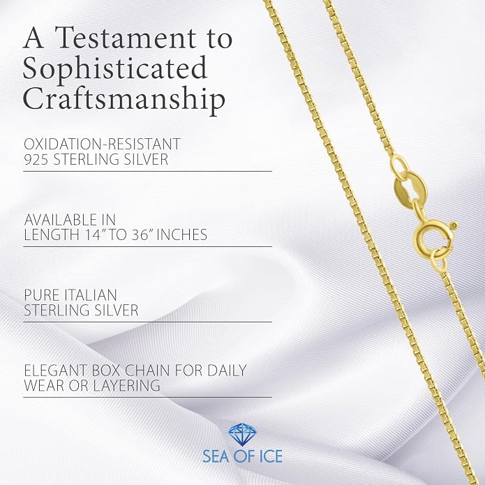SEA OF ICE Chain Necklace 925 Sterling Silver with Ring Clasp Closure, Italian Box Necklace Chain Necklace for Women & Men, Available in Gold, Rose Gold, Silver, and Black Rhodium, Multisize