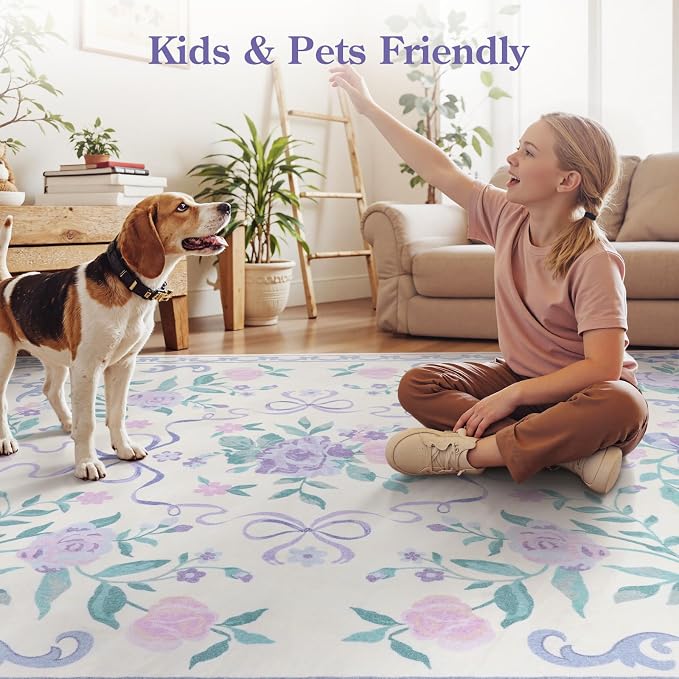 Collive Purple 8X10 Rugs for Living Room, 8x10 Bow and Floral Washable Area Rug Non Slip, Soft Boho Indoor Decor Elegant Carpet for Bedroom Kids Room Nursery Dining Room