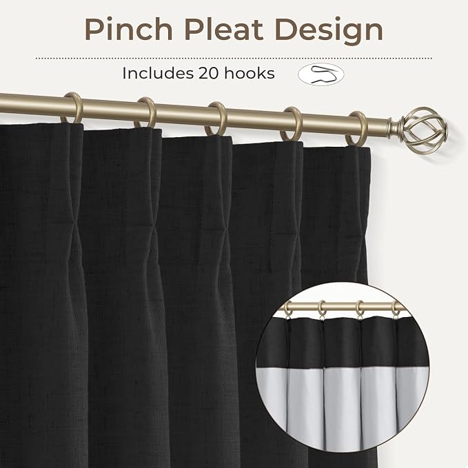 CAPALOCA Pinch Pleated Curtains Blackout, Linen Blackout Curtains 84 inches Long 2 Panels Set for Bedroom, Thermal Insulated Pinch Pleated Drapes for Living Room, 40" W x 84" L (Pack of 2), Black