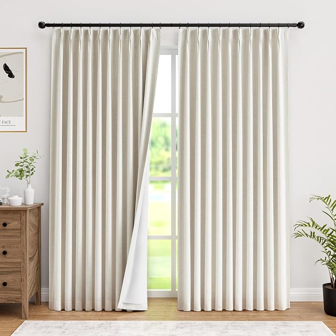 IVAPUPU Natural Pinch Pleated Full Blackout Curtains Linen Blend Room Darkening Window Curtains 102 inch 1 Panel for Living Room Bedroom Thermal Insulated Curtain Drapes with 12 Hooks 60''Wx102''L