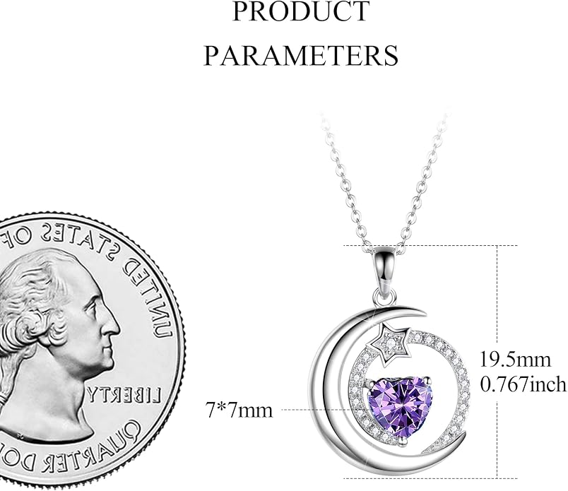 S925 Sterling Silver Birthstone Pendant Necklace Moon Star Necklace Jewelry Gift for Women Anniversary Valentine's day