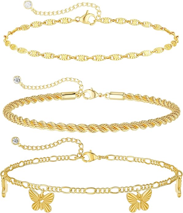 Rotnso Anklets for Women 14K Gold Silver Plated Ankle Bracelets Trendy Waterproof Boho Anklets Set Adjustable Dainty Cute Diamond Beaded Heart Non Tarnish Summer Beach Jewelry Gift