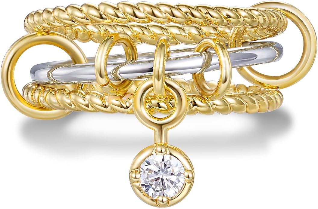 KissYan Stackable Rings for Women, 14k Gold Plate Interlocked Multi Ring Set Dainty Pave CZ Personalized Fashion Two-Toned Mixed Metals Stacking Jewelry Trendy Statement Gift
