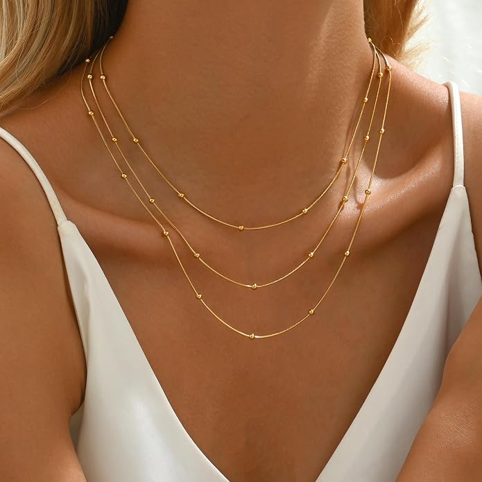18K Gold Plated Layered Herringbone Necklaces for Women Dainty Layering Beaded Snake Chain Choker Moon Coin Pendant Necklace Trendy Stainless Steel Jewelry