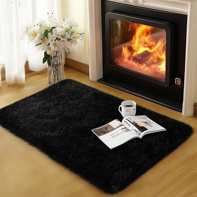 qulint Black Rug for Bedroom, 2x3 Small Area Rug for Living Room Boys Room | Soft Shag Fuzzy Rug for Boys Room, Plush Shaggy Alfombras for Kids Boys and Girls Dorm Kid Room Classroom Home Decor