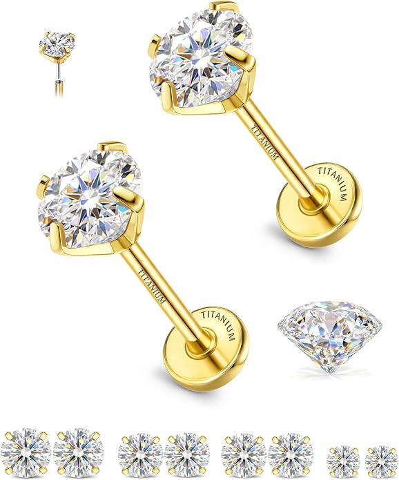 GEMQUEEN 8 PCS Moissanite ＆ Implant Grade G23 Titanium Nose Studs Flat Back Earrings Hypoallergenic : 14K Gold Plated Nose Rings 20G Push in Threadless Cartilage Helix Piercing Jewelry for Women Men