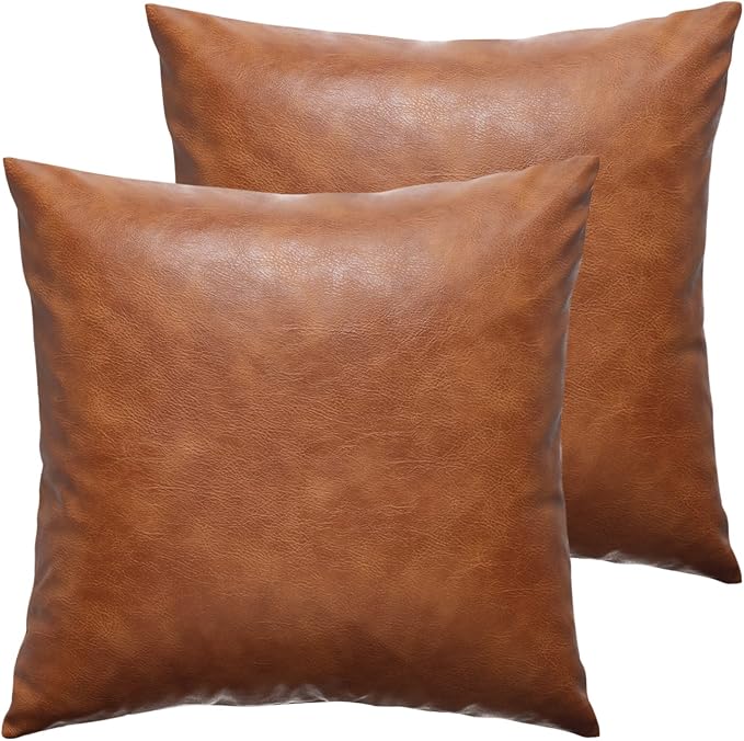 Faux Leather Throw Pillow Covers 18X18 Inch Set of 2 Brown Outdoor Modern Farmhouse Solid Decorative Pillow Covers for Room Couch Living Bedroom Bed Sofa