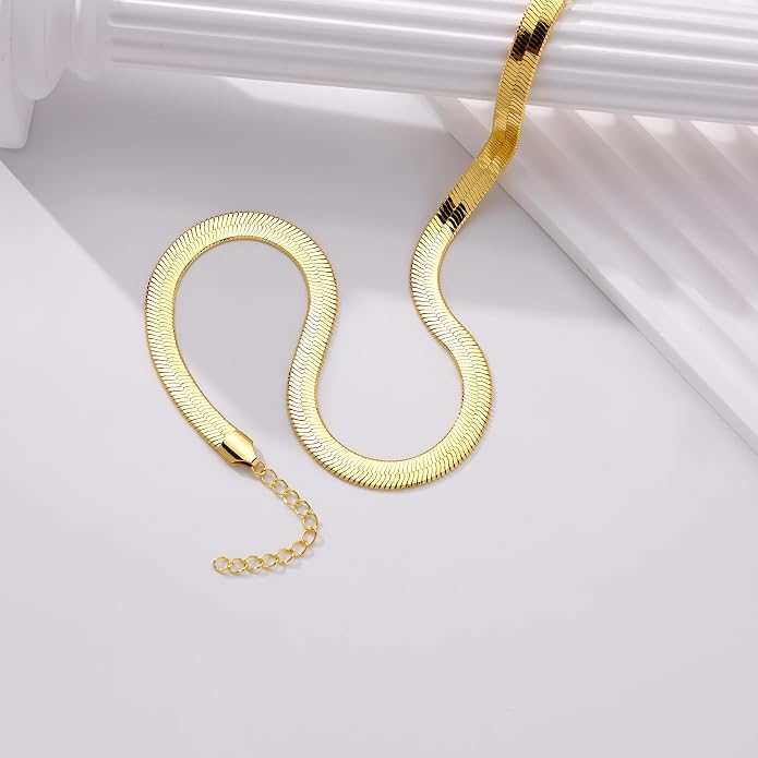 WomenGifts 14K Gold Silver Plated Herringbone Necklace for Women, Dainty Snake Chain Choker, Trendy Simple Long Layered Jewelry Non Tarnish, 3/4/5/8mm,14,16,18,20,22,24,26 Inch Thin & Chunky Options