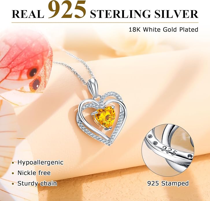 Anniversary Charm Necklace, Sterling Silver 14K Gold Plated Chain with Interlocking Heart Pendant Elegant Birthstone Necklaces for Women, Length 18"