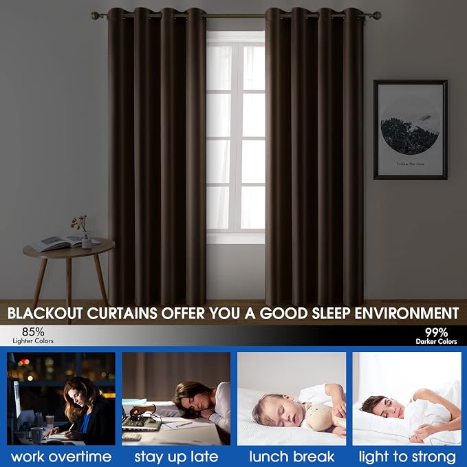 HOMEIDEAS 2 Panels Chocolate Faux Silk Blackout Luxury Curtains, 52 X 84 Inch Room Darkening Satin Thermal Insulated Window Drapes for Bedroom Decor, Indoor