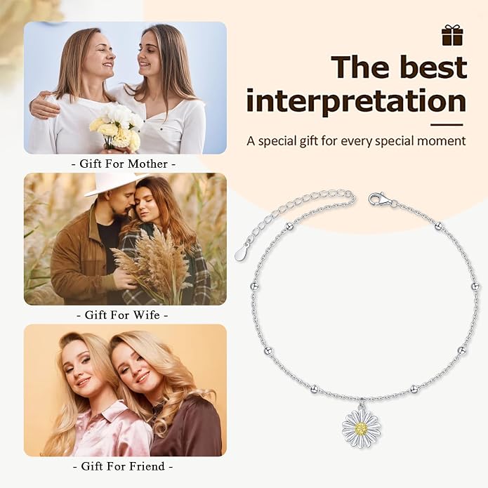 FLYOW S925 Sterling Silver Anklet for Women Summer Boho Beach Charm Adjustable Foot Ankle Bracelet Jewelry Birthday Gift