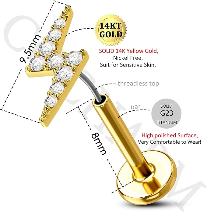 COCHARM 14K Gold Lightning Threadless Helix Cartilage Earrings Stud for Women 16g Push in Cartilage Tragus Piercing 14Kt Gold Flat Back Conch Earrings Fowward Helix Stud