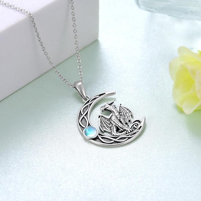 Dragon/Fairy Necklace 925 Sterling Silver Moonstone Crescent Moon Necklace Birthday Gifts for Women