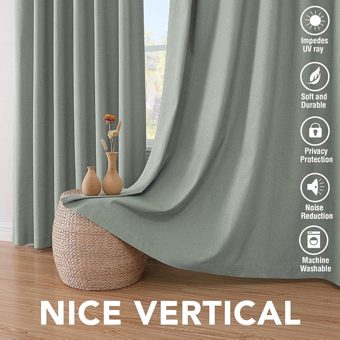 H.VERSAILTEX Linen Curtains 100% Blackout Curtains for Bedroom 102 inch Long Full Light Blocking Nature Linen Blended Window Curtains for Living Room Nickel Grommet (2 Panels, Green Bay)