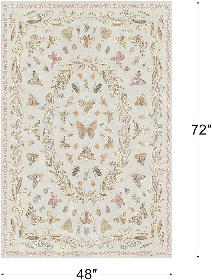Lunasun Neutral Girl Nursery Rug 4x6 - Beige & Pink Rugs for Bedroom, Living Room - Washable Low Pile Non-Slip Charming Insect Print Vintage Girly Design, Perfect for Kids Rooms
