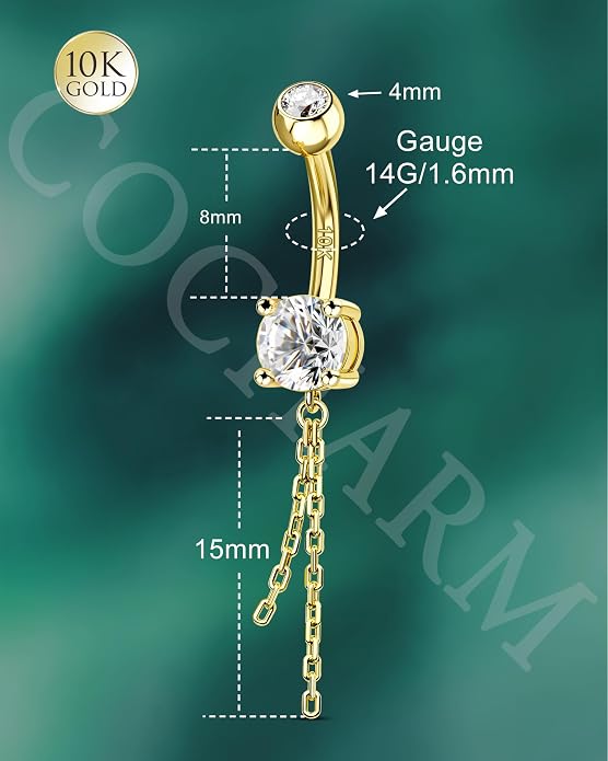 COCHARM 10K Gold Belly Button Rings, 10K Gold Belly Button Ring Dangling, 14G Gold Belly Piercing Jewelry Dangly