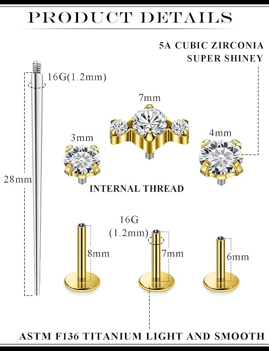 20G 18G 16G Astm F136 Titanium Internal Thread Flat Back Earrings Nose Studs Tragus Forward Helix Conch Cartilage Lobe Earring Stud Medusa Labret Monroe Lip Ring Piercing Jewelry For Women Men