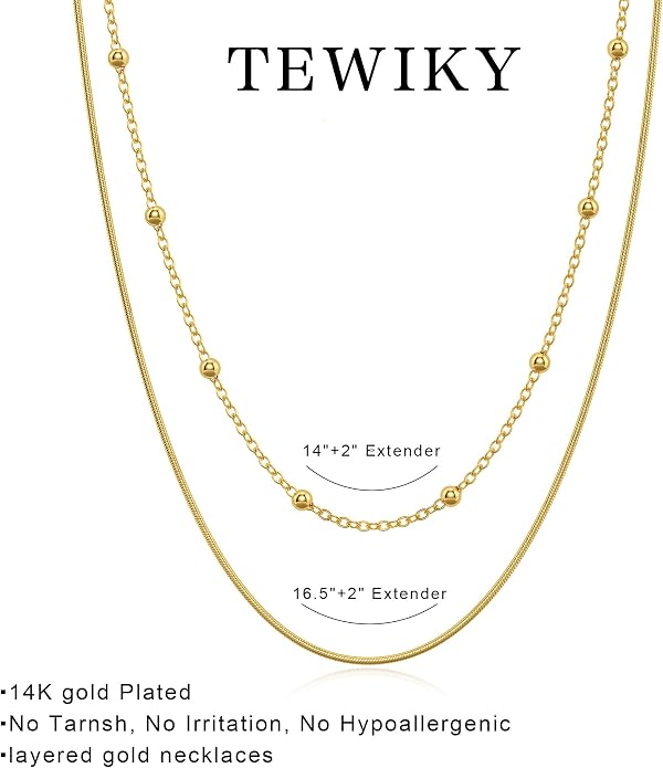 Tewiky Layered Necklaces for Women Non Tarnish- Chunky 14k Gold Plated Herringbone/Snake/Rope/Box/Cuban Link Chain for Women Waterproof Layering Stack Choker Necklace Trendy Dainty Tarnish Free Jewelry Set
