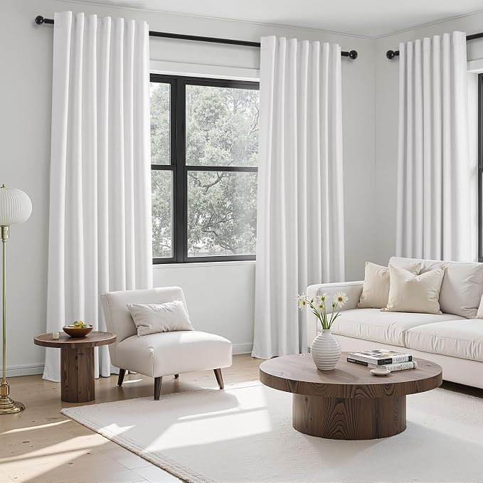 90 inch long 100% Blackout linen curtains 2 Panels set Beige White Window Drapes with Back Tab Rod Pocket Light Blocking Room darkening Thermal Insulated Curtains for Bedroom Living Room 7.6 FT