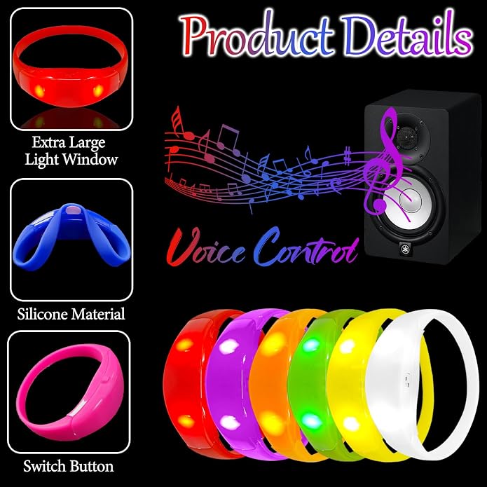 100 Pcs Sound Activated LED Glow Bracelets Light Up Bracelets for Adults Glow in the Dark Neon Birthday Party Favors