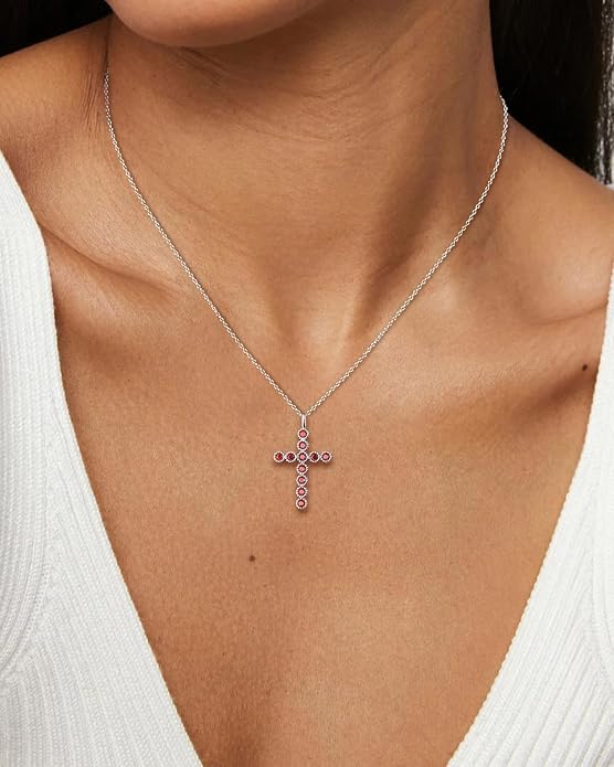 925 Sterling Silver 18 inch Birthstone Cross Pendant Necklace for Women Men