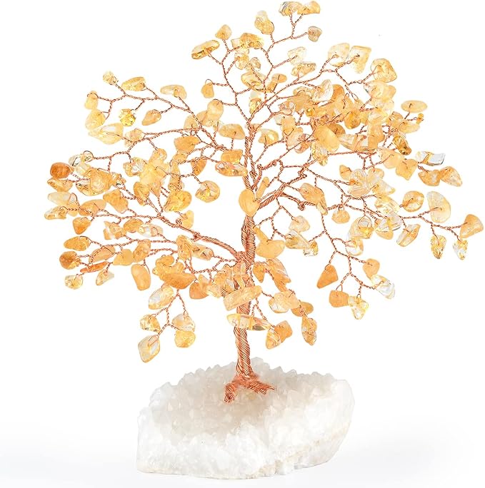 Natural Citrine Gemstone Crystal Tree of Life,Clear Quartz Cluster Base,Bonsai Money Tree Feng Shui Home Decor,Healing Crystals Positive Energy Gift for Luck and Wealth 5.5"-6.3"