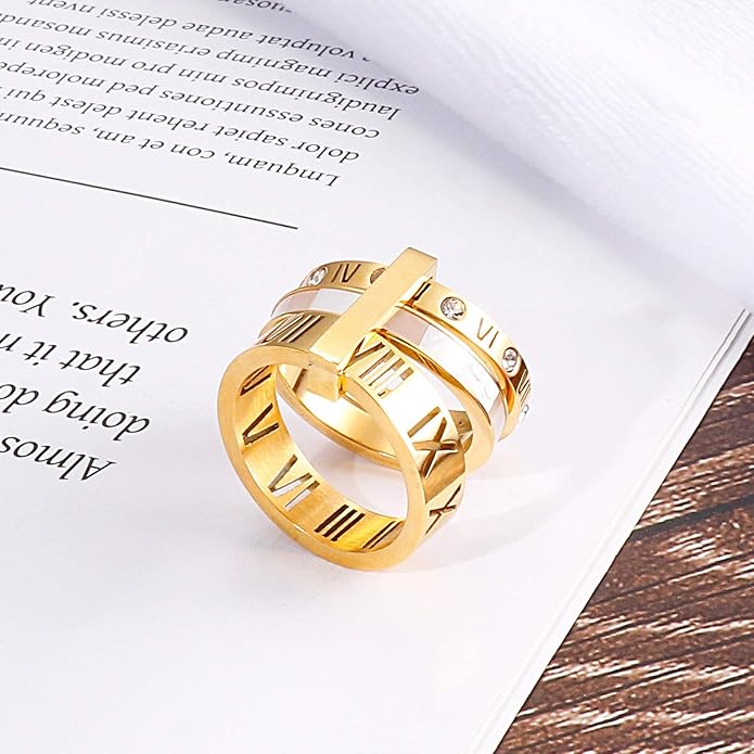 Stainless Steel CZ Zirconia Roman Numeral Ring For Women Stacking Thumb 3 in 1 Spinner Rings
