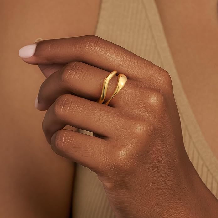 MPRAINBOW Chunky Gold Rings for Women - 18K Gold Plated Ring,Non-Tarnish Stainless Steel Statement Band Trendy Jewelry Gift,Party Prom Christmas Valentines Day Birthday Gifts for Girlfriend Sister