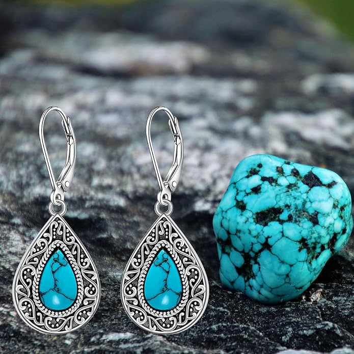 Teardrop Dangle Earrings for Women Turquoise Jewelry for Women 925 Sterling Silver Leverback Filigree Drop Dangle Earrings Filigree Jewelry