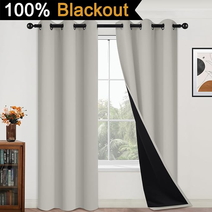 Yakamok Cream Beige 100% Blackout Curtains 84 Inches Long 42" Wide 2 Panels | Blackout Curtain Panels for Bedroom, 2 Thick Layers Grommet Top Thermal Insulated Drapes with Black Liner for Living Room