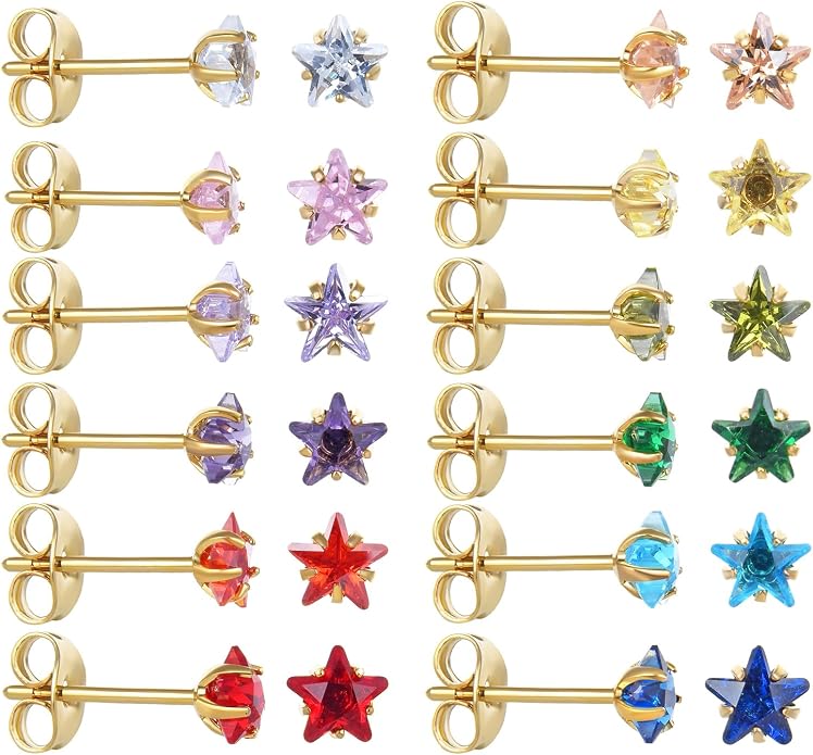 12 Pairs Surgical Stainless Steel Stud Earring Round Heart Star Square Cubic Zirconia Birthstone Stud Earrings Set for Women