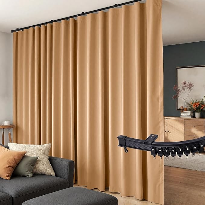 Room Divider Curtains Flexible Ceiling Tracks set Curtain track Ceiling Mount Blackout Curtain for Living Room Bedroom Ceiling Curtain Rod Privacy Dividers Panels W150 x H84 Khaki Drape & Black rail