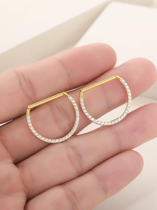Oveta Titanium D Shaped Nipple Rings 14G for Nipple Piercing Jewelry Higned Segment Clicker Ring Hoops 11mm 12mm 14mm for Women Men, Silver Gold Black, 2PCS