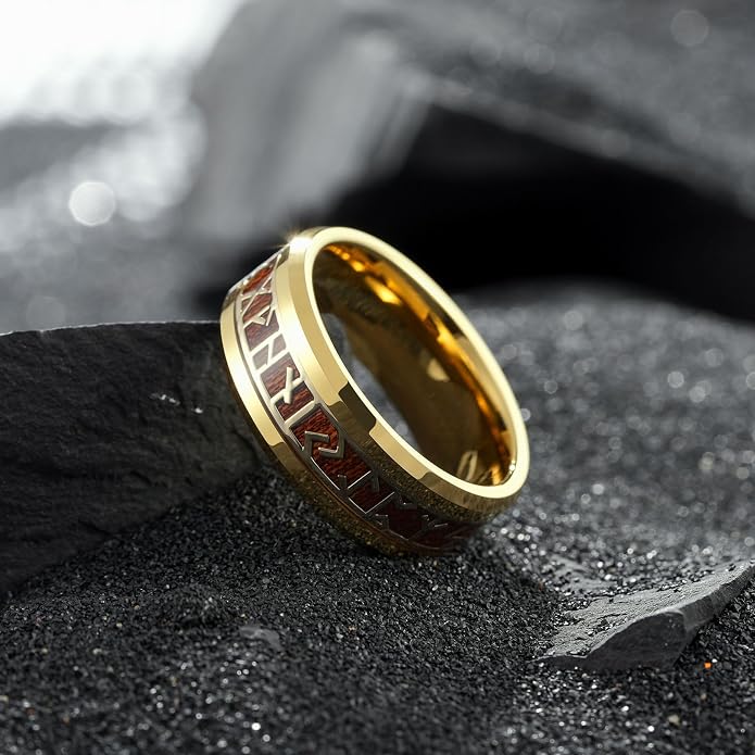 King Will Tungsten Carbide Wedding Band for Men - 8mm Black/Silver/Gold Plated with Norse Viking Rune & Hawaii Koa Wood Inlay Mens Ring, Polished Beveled Edge for Daily Wear, Comfort Fit Size 7-14