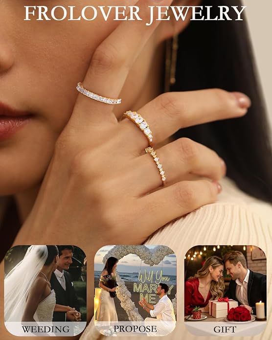 Stackable Silver/Gold Rings for Women Non Tarnish Trendy Dainty 14K Gold Plated Stacking Cubic Zirconia Thumb Ring Set Minimalist Promise Wedding Bands Engagement Rings for Women Size 6-10