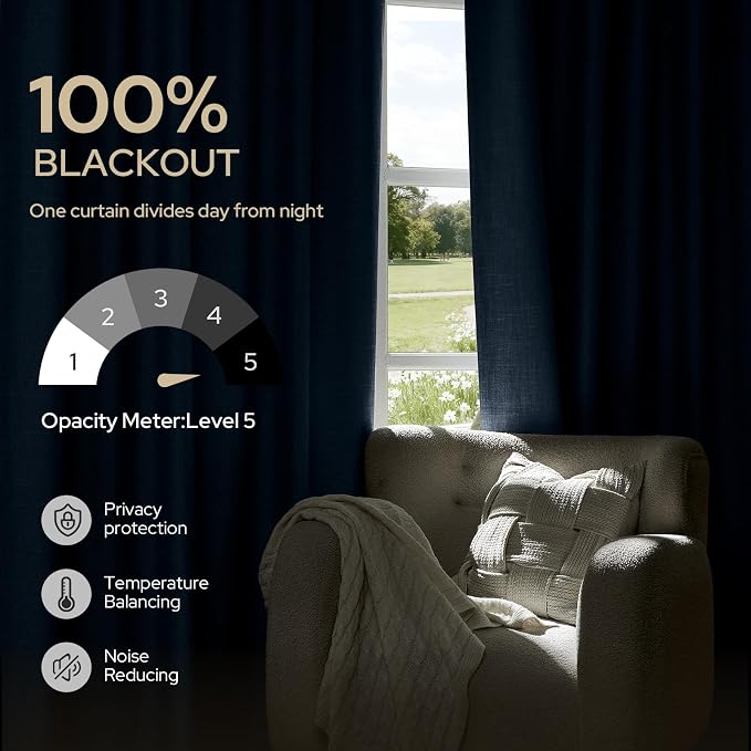 HOMEIDEAS 100% Blackout Faux Linen Curtains,Stone Dusty Blue Modern Farmhouse Luxury Curtains 63 Inches Long 2 Panels, Rod Pocket & Back Tab for Boho Vintage Living Room,Bedroom Decor