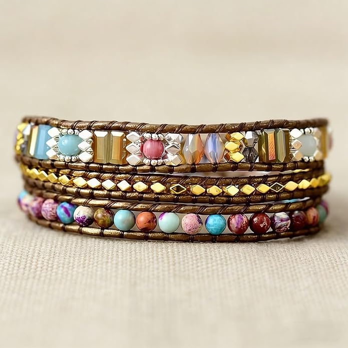 Boho Wrap Bead Bracelet for Women - Handmade Adjustable Natural Stone Beaded Bracelets Yoga Healing Bracelet Bangle Hippie Jewelry