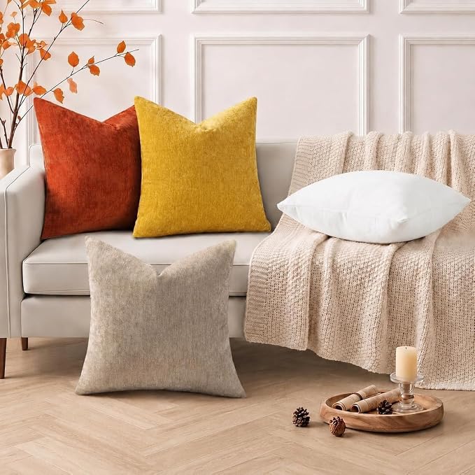 decorUhome Soft Chenille Mineral Yellow Throw Pillow Covers 18X18 Set of 2 | Decorative Fall Couch Pillow Covers Solid Dyed Accent Modern Farmhouse Neutral Square Pillow Cases for Sofa