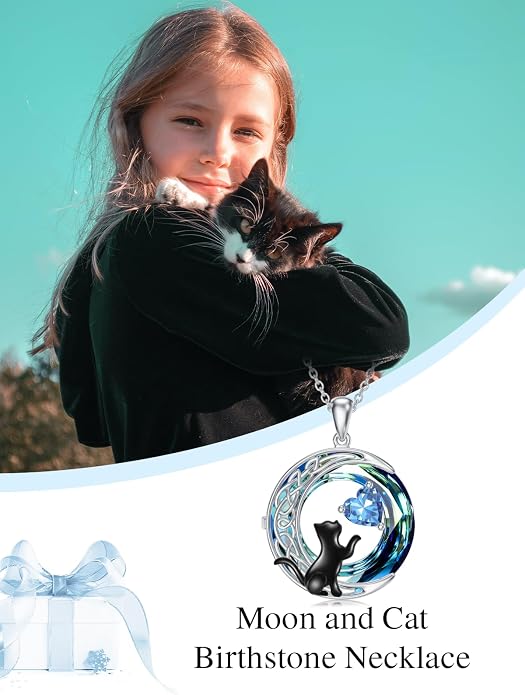 TOUPOP Cat Gifts for Cats Lovers 925 Sterling Silver Black Cat Necklace Celtic Moon Birthstone Jewelry for Women Anniversary Birthday Gift for Her Wife Mom